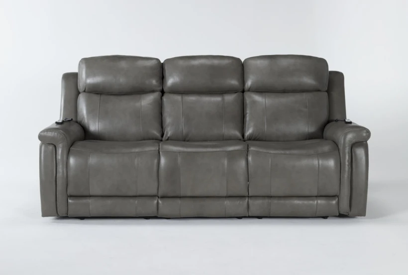 Serena Grey Leather 87" Power Reclining Sofa with Power Headrest, USB, Heat & Massage - 360