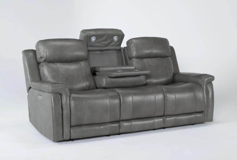 Serena Grey Leather 87" Power Reclining Sofa with Power Headrest, Lumbar & USB - 360