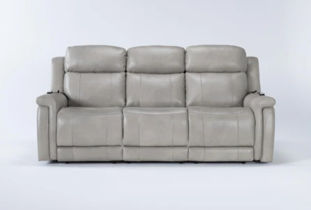 Serena Taupe Leather 87" Power Reclining Sofa with Power Headrest, Lumbar, USB, Heat & Massage