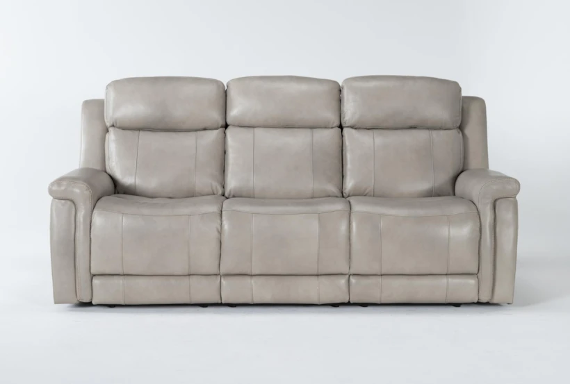 Serena Taupe Leather 87" Power Reclining Sofa with Power Headrest, Lumbar & USB - 360