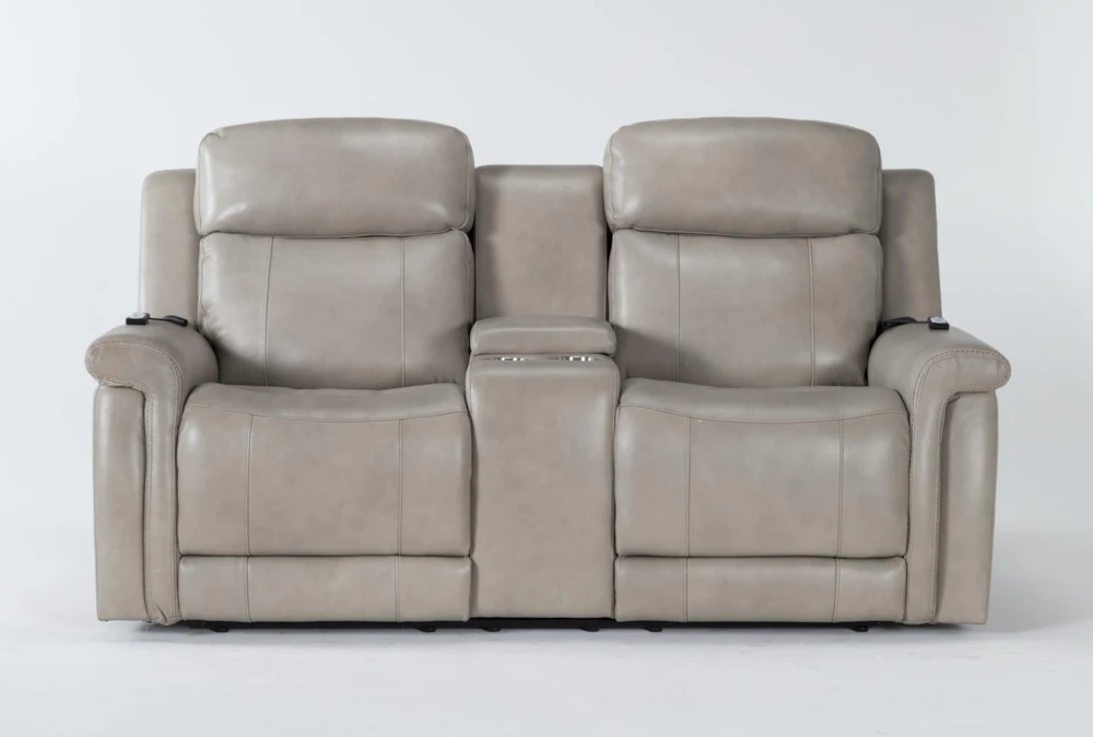 Serena Taupe Leather 77" Power Reclining Storage Console Loveseat with Power Headrest, Lumbar, USB, Heat & Massage