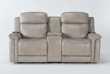 Serena Taupe Leather 77" Power Reclining Storage Console Loveseat with Power Headrest, USB, Heat & Massage