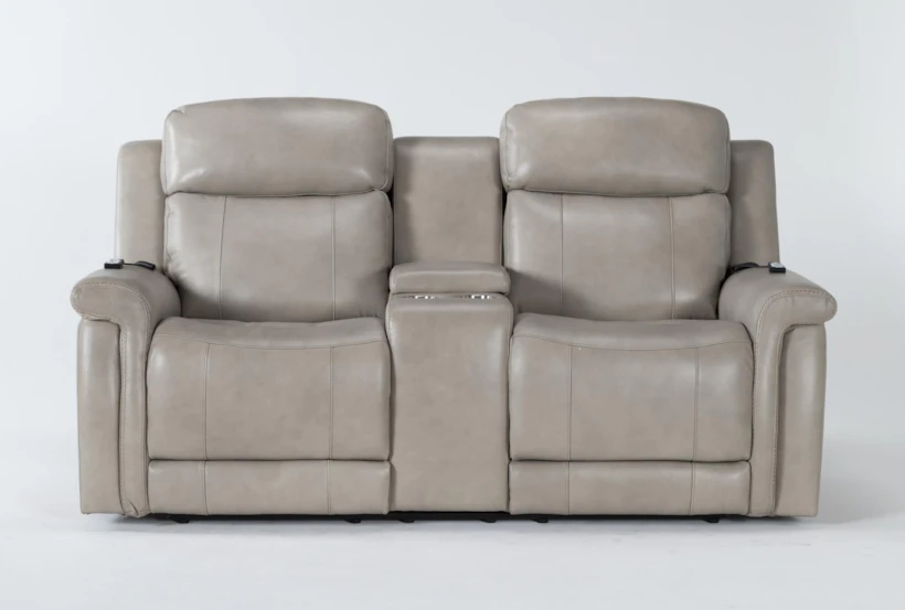 Serena Taupe Leather 77" Power Reclining Storage Console Loveseat with Power Headrest, Lumbar, USB, Heat & Massage - 360