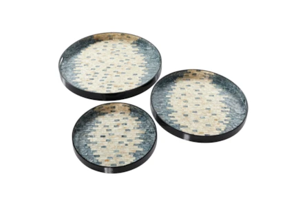 Set Of 3 Round Pearl And Blue Capiz Shell Trays - Main
