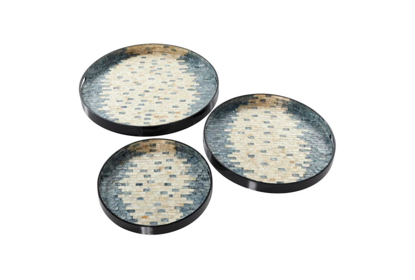 Set Of 3 Round Pearl And Blue Capiz Shell Trays  - 360