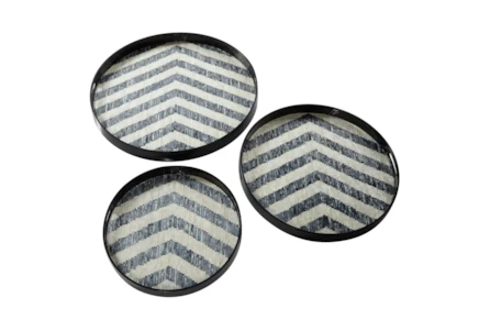 Set Of 3 Round Chevron Print Pearl And Gray Capiz Shell Trays - Main