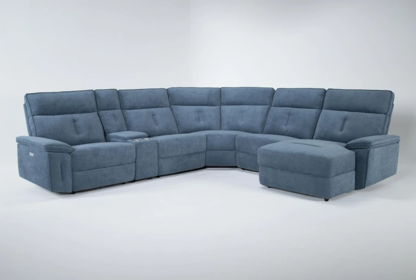 Pippa Blue 6 Piece 214" Power Reclining Sectional With Right Arm Facing Chaise & Power Headrest - 360