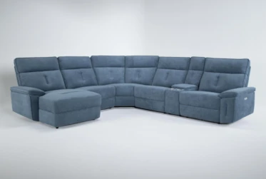 Pippa Blue 6 Piece 214" Power Reclining Sectional With Left Arm Facing Chaise & Power Headrest