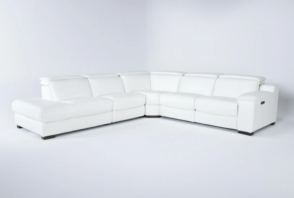 Hana White Leather 4 Piece 113" Power Reclining Sectional With Left Arm Facing Chaise