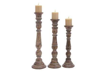 Whitewashed Brown Wooden Candle Holders Set Of 3