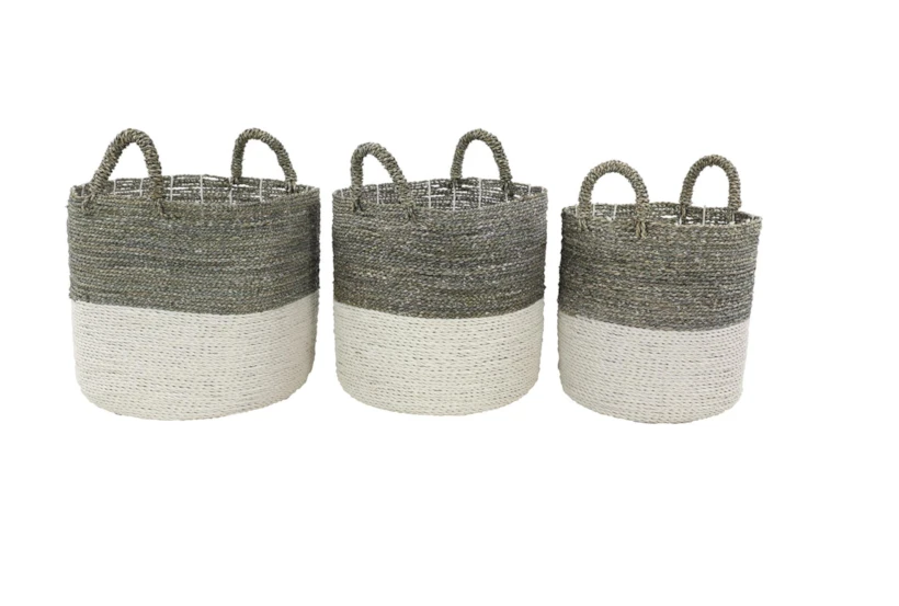 Round Grey And White Seagrass Baskets Set Of 3 - 360