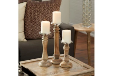 Traditional Turned Wood Candle Holders Set Of 3