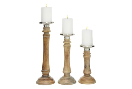 Traditional Turned Wood Candle Holders Set Of 3 - Main