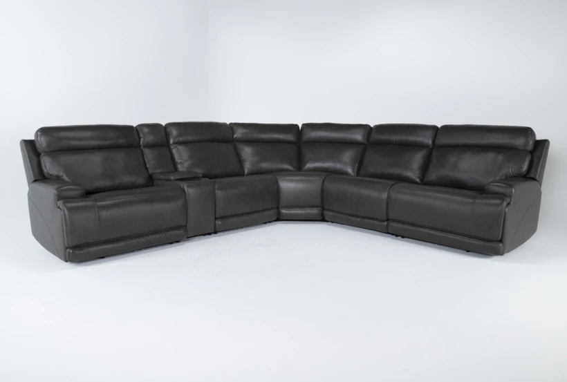 Vance Grey Leather 140" 6 Piece Zero Gravity Reclining L-Shaped Modular Sectional with Power Headrest, Power Lumbar, Wireless Charging, Storage, Pop Out Cupholders & USB - 360