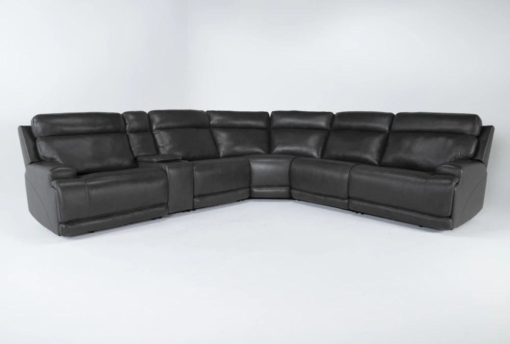 Vance Grey Leather 140" 6 Piece Zero Gravity Reclining L-Shaped Modular Sectional with Power Headrest, Power Lumbar, Wireless Charging, Storage, Pop Out Cupholders & USB
