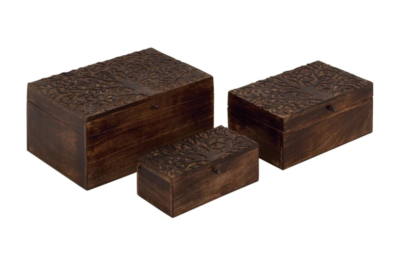 Brown 6 Inch Wood Carved Box Set Of 3 - 360