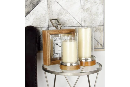 Clear 13 Inch Glass Metal Wood Hurricane Candle Holder Set Of 3 - Room