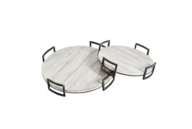 White Wash Wood + Black Metal Handle Round Trays Set Of 2