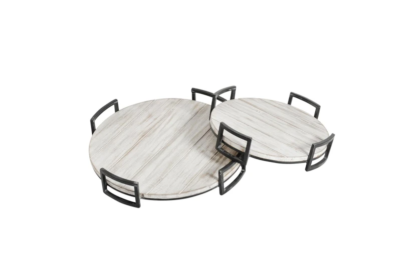 White Wash Wood + Black Metal Handle Round Trays Set Of 2 - 360