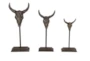 15 Inch Grey Metal Bull Sculpture Set Of 3 - Front