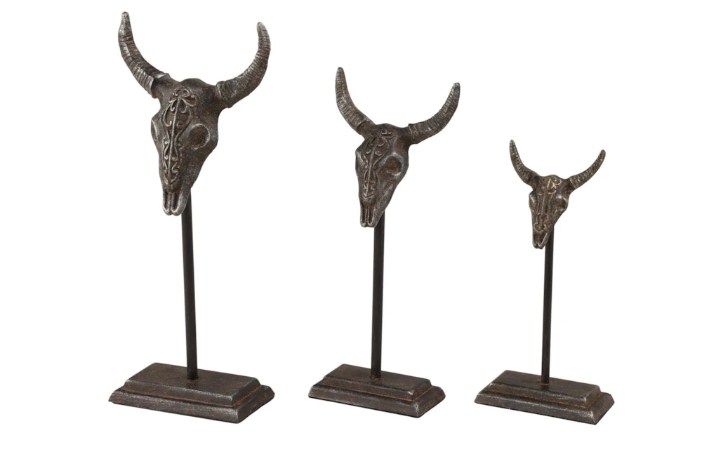 15 Inch Grey Metal Bull Sculpture Set Of 3