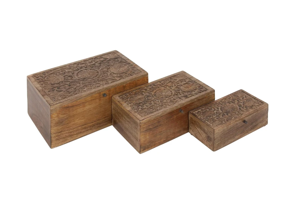 6 Inch Brown Wood Box Floral Carvings Set Of 3
