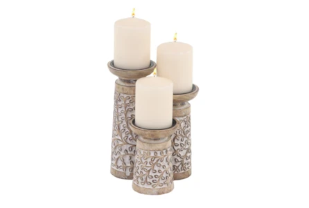 9 Inch Brown Wood & Metal Candle Holder Set Of 3
