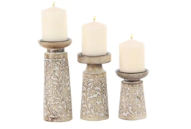 10 Inch Brown Wood & Metal Candle Holder Set Of 3