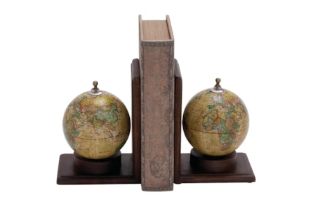 8 Inch Multi Wood & Metal Globe Bookend Set Of 2
