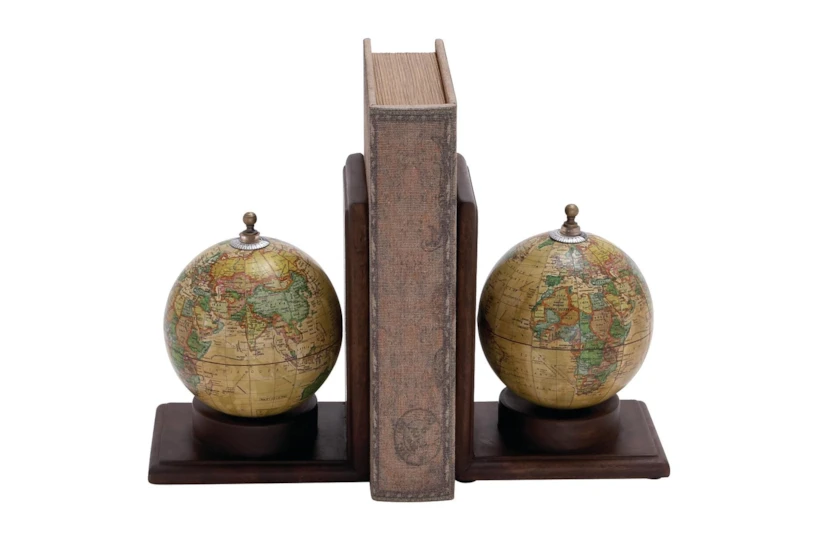 8 Inch Multi Wood & Metal Globe Bookend Set Of 2 - 360