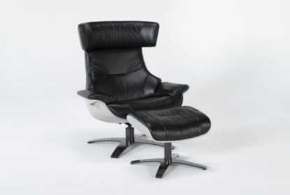 Raiden Black Leather Reclining Swivel, Leather Reclining Swivel Chair With Ottoman