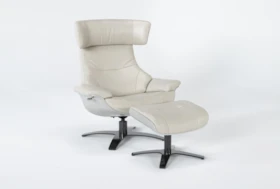 Raiden Mushroom Grey Leather Reclining Swivel Chair & Ottoman
