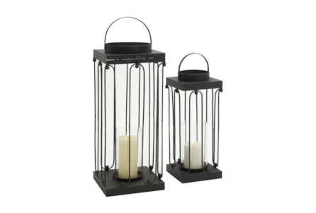 24 Inch Black Metal Glass Candle Lantern Set Of 2 - Main