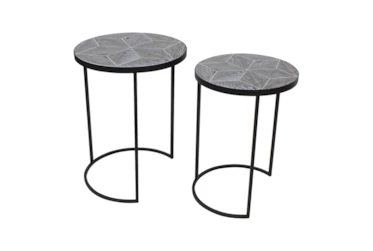 Set Of 2 Black Metal + Wood Accent Tables
