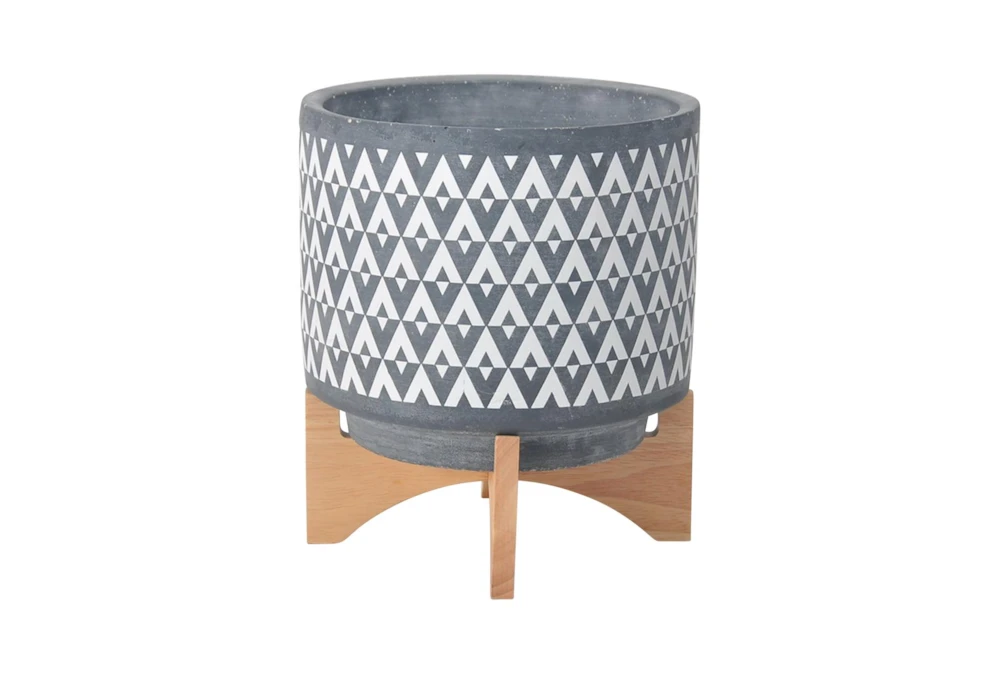 10 Inch Gray Aztec Planter On Wooden Stand
