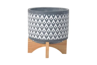 8 Inch Gray Aztec Planter On Wooden Stand