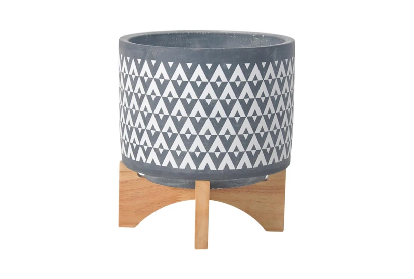 8 Inch Gray Aztec Planter On Wooden Stand | Living Spaces