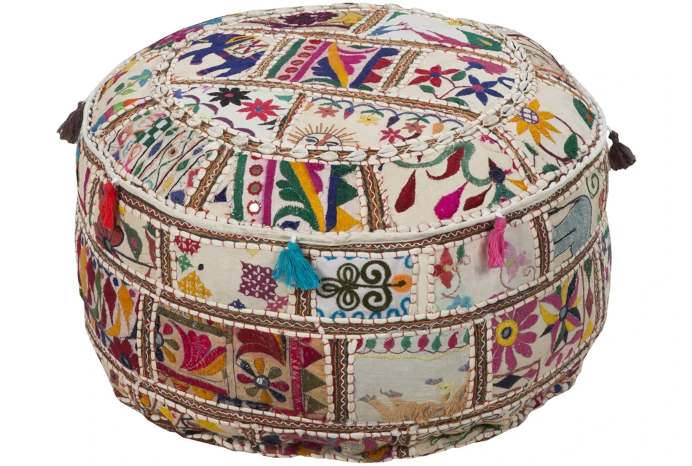 Pouf-Multicolored Patched Embroidered Beaded