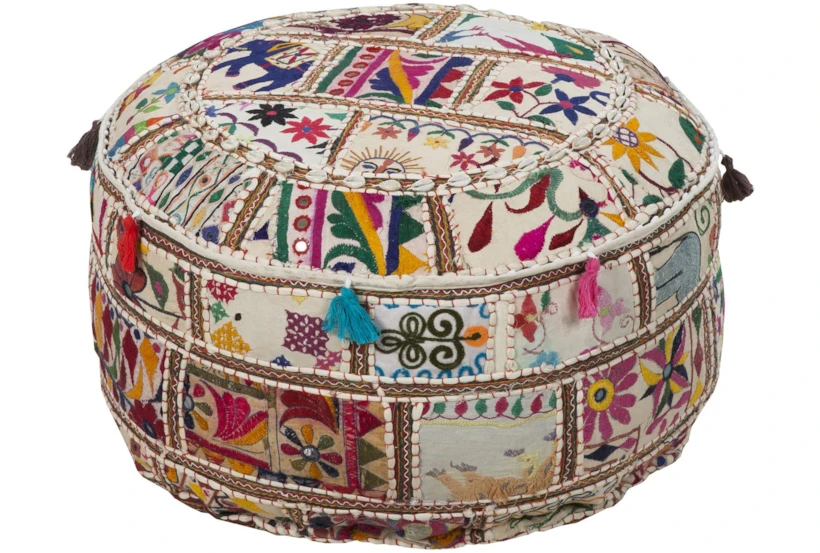 Pouf-Multicolored Patched Embroidered Beaded - 360