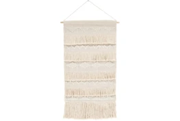 24X36 White + Natural Woven Cotton + Wool Fringe  Tapestry Wall Decor