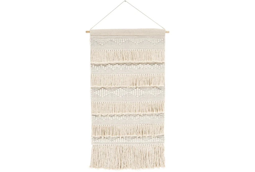24X36 White + Natural Woven Cotton + Wool Fringe  Tapestry Wall Decor - 360