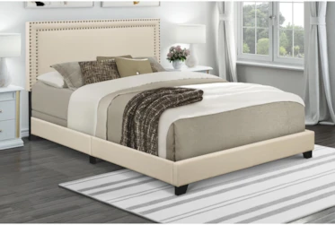 Full Cream Nailhead Trim Banded Border Upholstered Bed