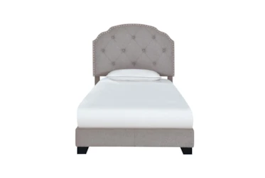 Twin Smoke Grey Button Diamond Tufted Upholstered Bed With Nailhead Trim