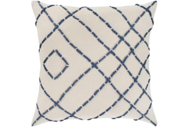 Accent Pillow-Cream With Navy Hand Embroidered 18X18