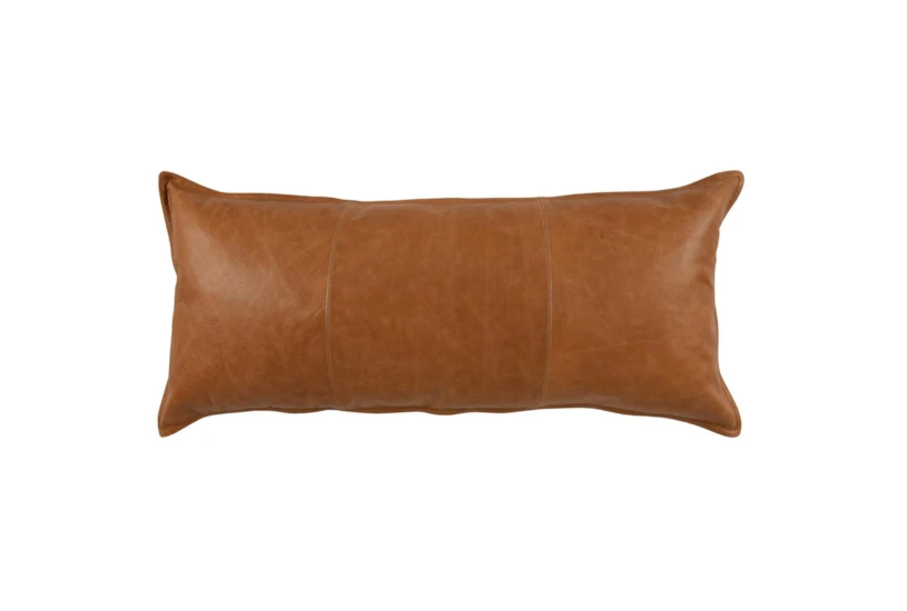 16X36 Chestnut Brown Pieced Leather Lumbar Throw Pillow - 360