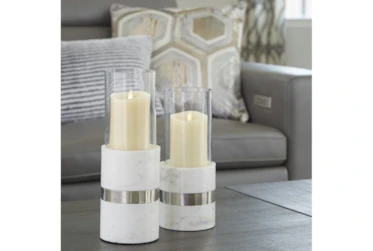 White + Silver Finish Glass Marble 2 Pc Candle Holder Set