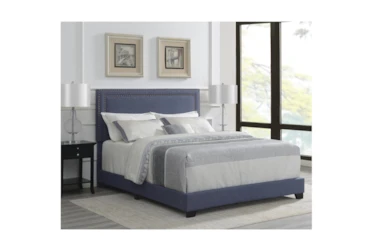 Queen Double Nail Trim Denim Upholstered Bed