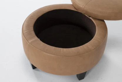 Leather Small Round Storage Ottoman, Round Leather And Wood Ottoman
