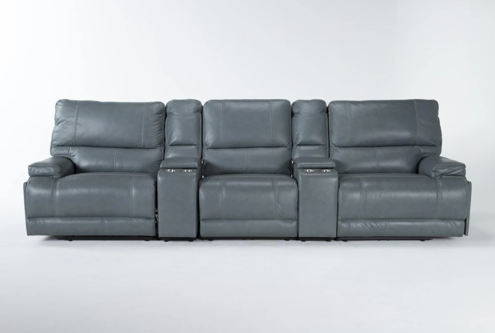 Watkins Blue Leather 130" 5 Piece Cordless Power Reclining Modular Home Theater Sectional With Power Headrest & USB