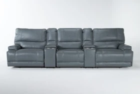 Watkins Blue Leather 130" 5 Piece Cordless Power Reclining Home Theater Sectional With Power Headrest & USB